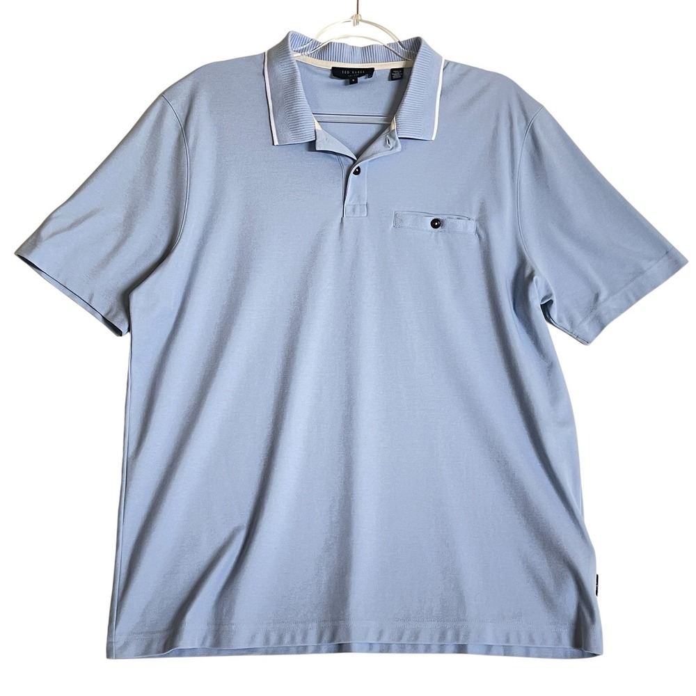 Ted Baker Polo Shirt Mens Size 5 L/XL Light Blue Collar Chest Pocket Luxury